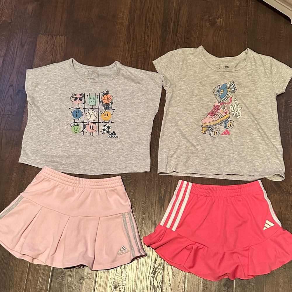 2 Sets Adidas Kids Gray Graphic Tees and Pink Skort Set 6T